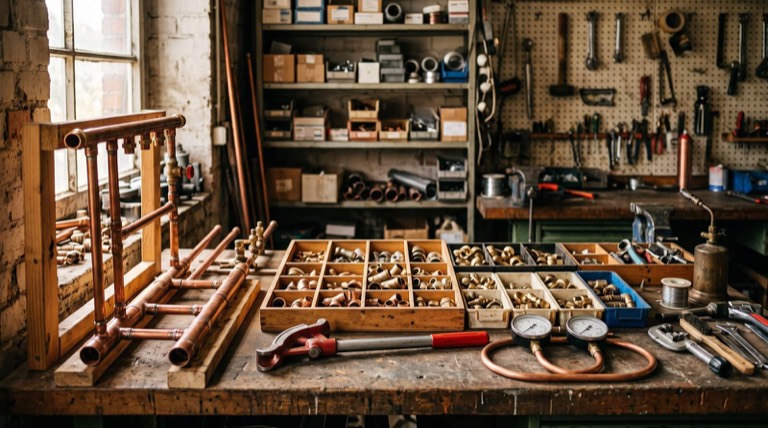 Werkstatt mit Werkzeugen und Material für die Gebäudetechnik